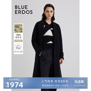 BLUE ERDOS秋冬简约100%绵羊毛西装领长款系带毛呢大衣女