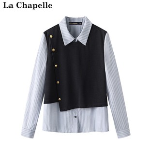 拉夏贝尔lachapelle秋季毛线针织，马甲条纹衬长袖衬衫假两件套女