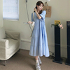 夏装韩版孕妇设计感褶皱泡泡袖，连衣裙蓝色潮妈宽松显瘦中长裙超仙