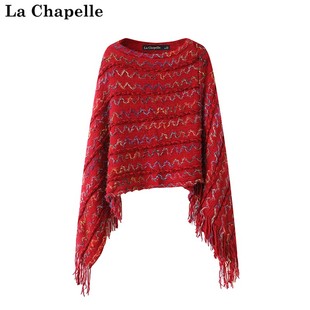 拉夏贝尔/La Chapelle秋季蝙蝠衫流苏斗篷外套中长款条纹毛线衣女