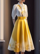 高级感小洋装女装白色衬衫，搭配黄色半身裙，两件套装女秋轻奢高级感