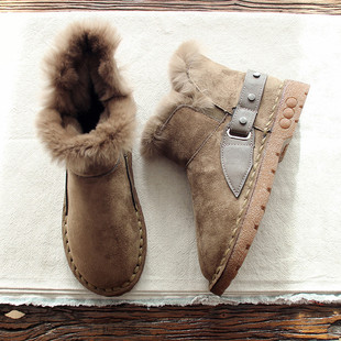 冬季甜美雪地靴圆头兔毛，保暖靴平底圆头加绒短靴学院风女靴子