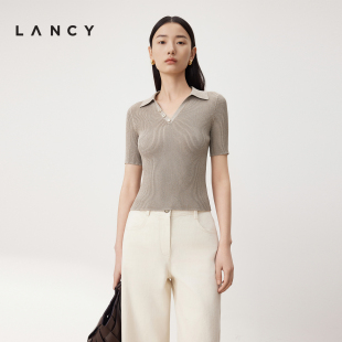 LANCY/朗姿2024夏季米色气质翻领针织衫短袖套头polo领修身上衣女