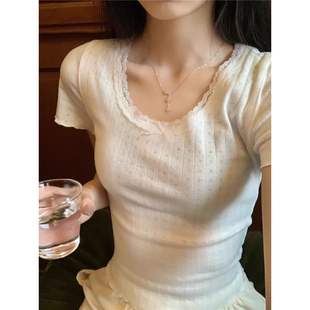 白色纯欲风蕾丝拼接短袖T恤女夏装设计感小众修身打底衫上衣性感