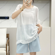 惠衣阁夏季女短袖衬衫中长款衬衫，韩版宽松休闲纯色，衬衣荷叶边上衣
