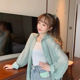 长袖衬衫超仙防晒衣服女2024夏天薄款外套珠光雪纺开衫空调衫