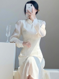 2024新中式旗袍汉服伴娘小晚礼服裙子白色订婚鱼尾连衣裙春装
