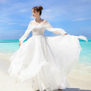 雪纺长款白色连衣裙波西米亚2024年修身款式高弹小个子连衣裙