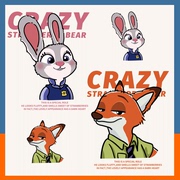 卡通兔子警官和狐狸尼克图案，热转印情侣衣服印花贴白墨烫画贴