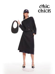 chicchick时髦小鸡vol1499%藏蓝色高校娃娃领短款西装外套