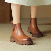 网红厚底切尔西靴子女真皮马丁短靴秋冬季英伦风棕色套筒女靴