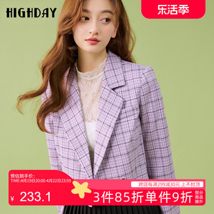 highday轩日2023春秋法式格纹，长袖小西装，女短款甜美小个子外套ins