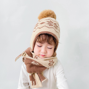 儿童帽子围巾两件套秋冬保暖韩版宝宝毛线帽洋气男女童护耳帽冬天