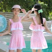 女童泳衣大童可爱印花吊带连体裙式波点大童女孩保守韩版温泉泳装