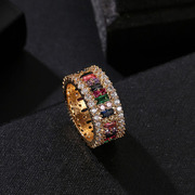 日韩时尚镶钻戒指七彩色，锆石个性几何水晶指环饰品防过敏