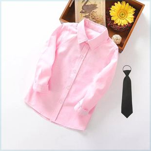 男童衬衫长袖春秋装纯色衬衣中大童女粉色上衣幼儿演出粉红色衬衫
