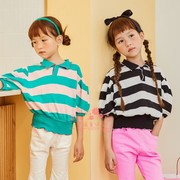 女童短袖韩国童装lilas2021夏季中大童条纹，灯笼袖蝙蝠衫七分袖t恤