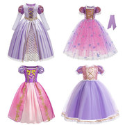 欧美长发公主裙金色，大蝴蝶结蓬蓬裙长发蓬蓬蕾丝，裙紫色礼服裙