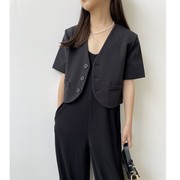 豆丁韩版黑色短袖亲子西装，外套女童夏季薄款短款v领西服上衣