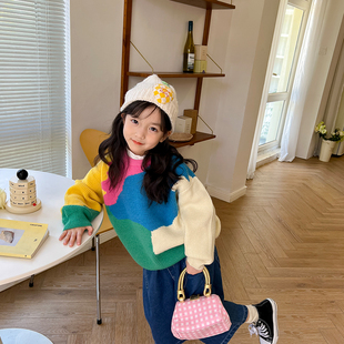 2022秋冬韩版女童几何图案，毛衣洋气儿童，彩色拼接针织上衣外套