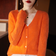 v领菱形镂空100%纯羊绒开衫，女纯色长袖针织外套宽松羊毛衫上衣