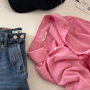 高级感粉色薄款棉麻衬衫女秋季2024开衫防晒衬衣外套法式上衣