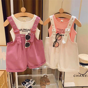 女童套装2024夏装儿童韩版洋气字母背心+背带裤时尚两件套潮