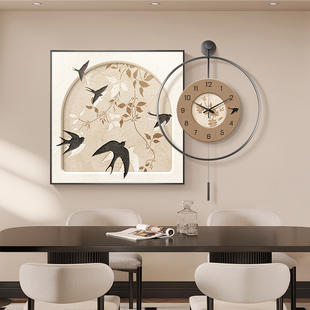 中古风餐厅装饰画挂钟，组合复古美拉德饭厅墙面壁画餐桌挂画带钟表