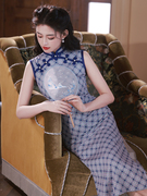 新中式改良无袖中长款文艺，蓝色印花旗袍，2024春夏老上海复古风