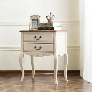 出口法国家具赫尔曼白色做旧法式仿古双抽床头柜雕花实木床头柜