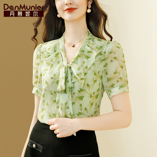 丹慕妮尔绿色法式印花雪纺衬衫女2024夏季荷叶边气质百搭上衣