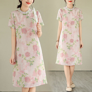 新中式斜襟盘扣改良旗袍，连衣裙女夏季年轻款高端气质苎麻短袖裙子