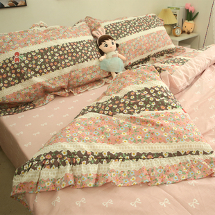 粉红少女心花边100%纯棉，四件套全棉公主风，三件套床单被套床上