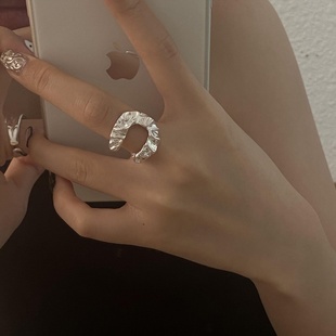 韩版S925银个性几何不规则戒指女复古时尚嘻哈夸张开口指环食指戒