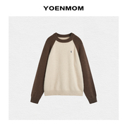 yoenmom休闲主义羊毛混纺美拉德撞色圆领针织，毛衣气质套头上衣
