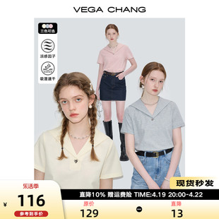 VEGA CHANG短袖T恤女2024年夏季休闲复古显瘦海军领纯色上衣