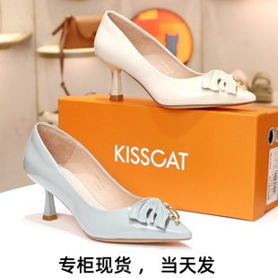 kisscat接吻猫2024尖头水钻，美人鱼尾细跟漆皮单鞋ka43105-20