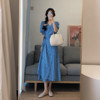 FILLE  天青色。自制 韩系法式一片式系带ins泡泡袖雪纺连衣裙女