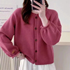 韩系玫红羊毛开衫女装2024春季圆领针织毛衣外套长袖短款上衣