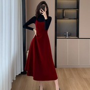 小香风红色丝绒吊带连衣裙两件套秋冬法式高级感配大衣内搭套装裙
