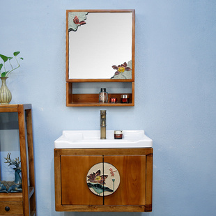 现代中式实木卫生间洗脸盆柜，组合挂式浴室柜陶瓷，盆洗手池吊柜套装