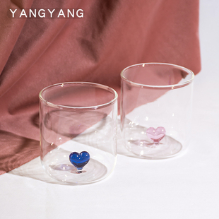 yy原创心底玻璃杯子北欧耐热创意，爱心情侣水，牛奶伴手礼刷牙对杯