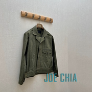 JOE CHIA授权 墨绿色做旧水洗肌理感古巴领薄款衬衫夹克外套