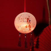 兔年中秋节大红色团扇发光花灯圆流苏汉服跳舞蹈手提灯笼宫灯扇子