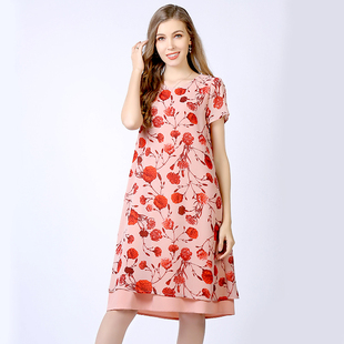 欧美大码胖mm夏季短袖红色，印花雪纺连衣裙，2024欧货长裙女