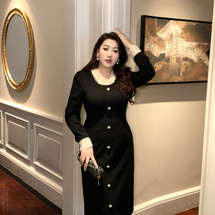 glec高端胖mm大码女装重工，手工珍珠法式高级感时尚优雅黑色连衣裙
