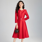 尚古主义2023年红色连衣裙女装收腰显瘦气质长袖中国红裙子