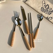 餐具日式榉木筷子家用木勺，筷子礼盒西餐木质，叉勺便携餐具一套