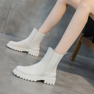 韩版厚底马丁靴女单靴真皮中跟短靴女粗跟2023秋冬女靴中筒靴