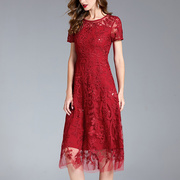 中年女士妈妈婚宴礼服，夏喜婆婆结婚礼装中长款红色，喜庆短袖连衣裙